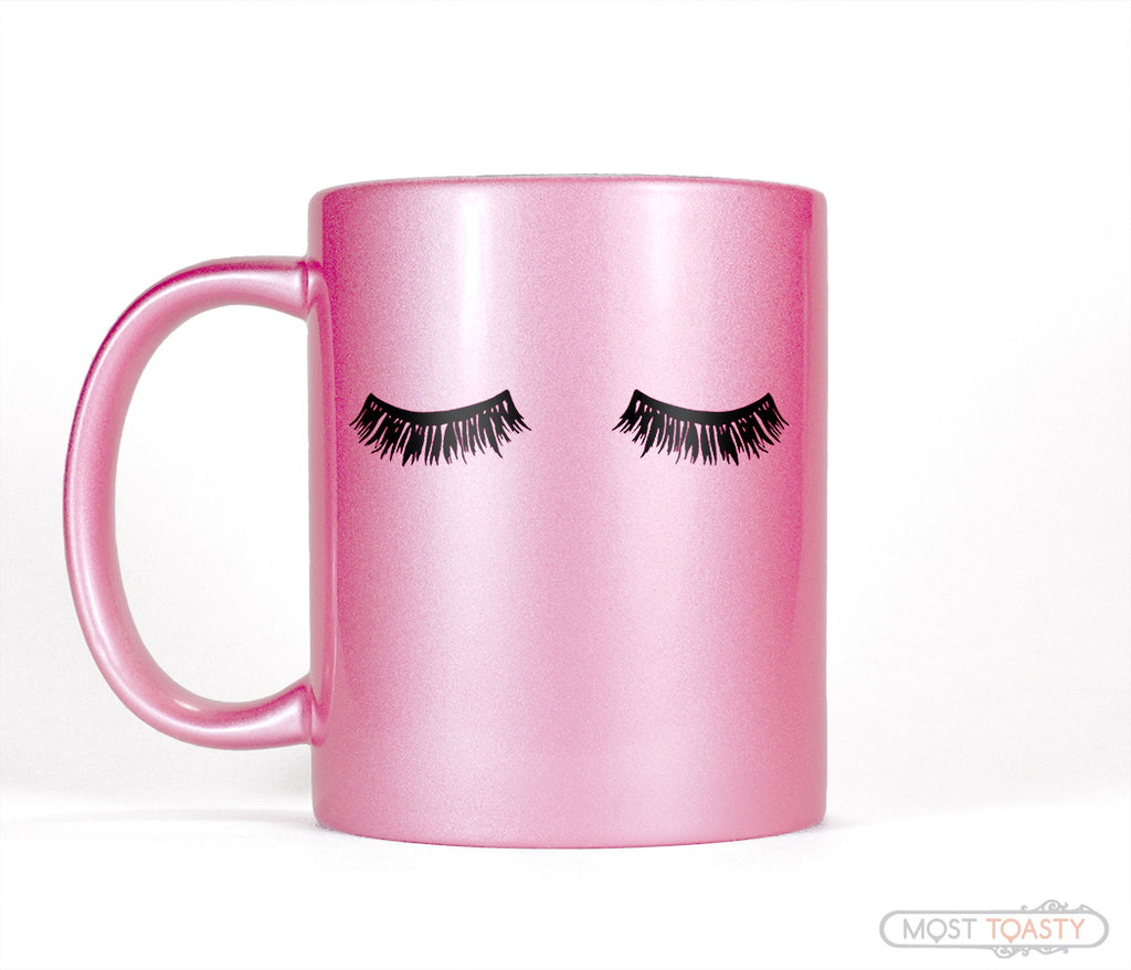 Eyelashes Makeup Coffee Mug in Metallic Pink